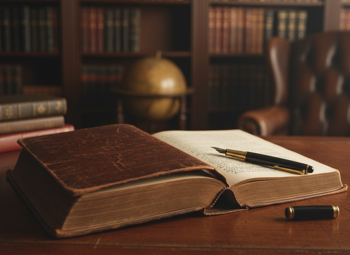 Law book and pen representing legal tradition
